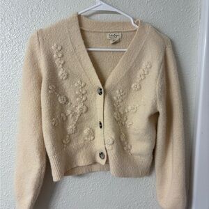 Cropped Cream Cardigan with Floral Embroidery